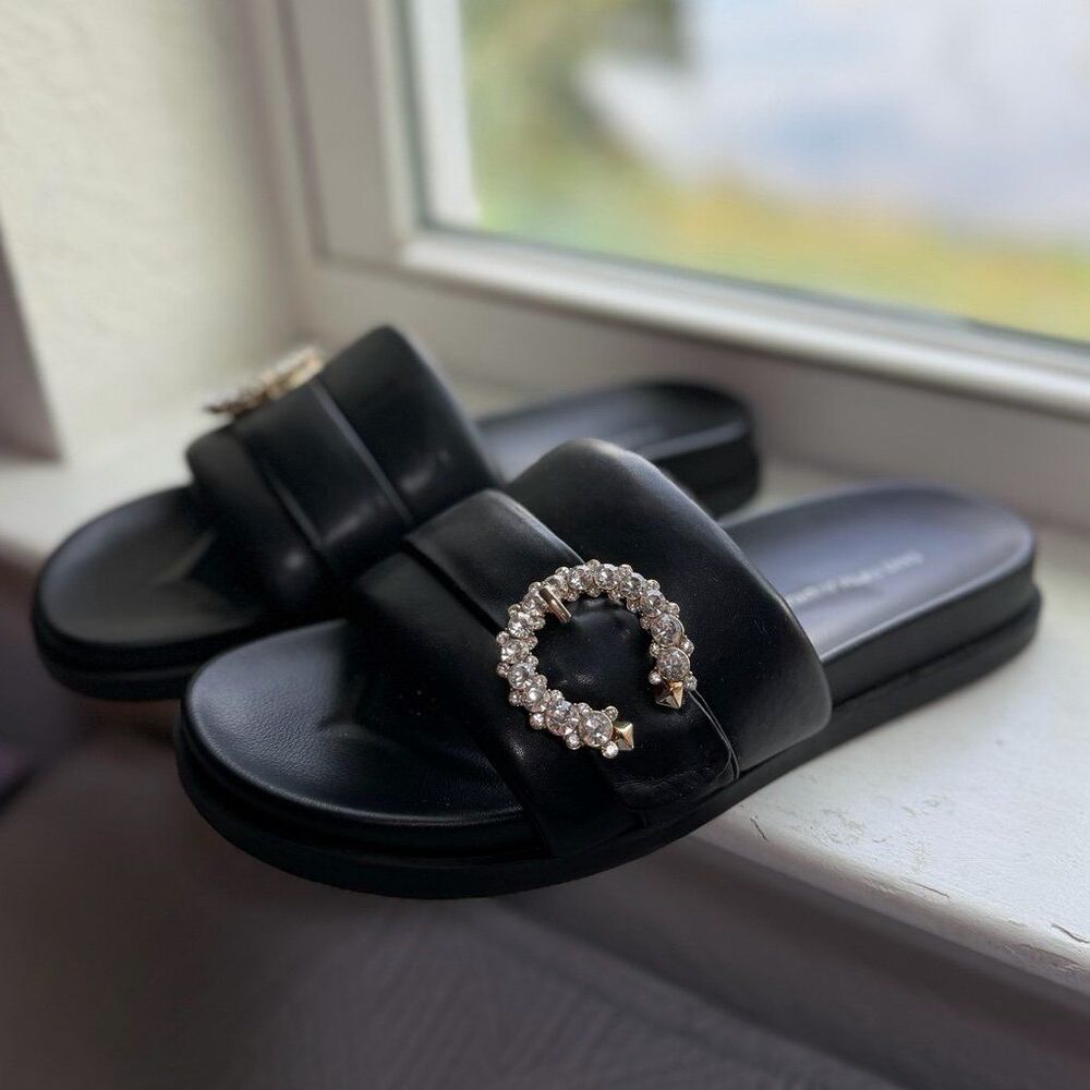 Saks Fifth Avenue Sophie Crystal Buckle Slide Sandals in Black and Gold Size 7.5